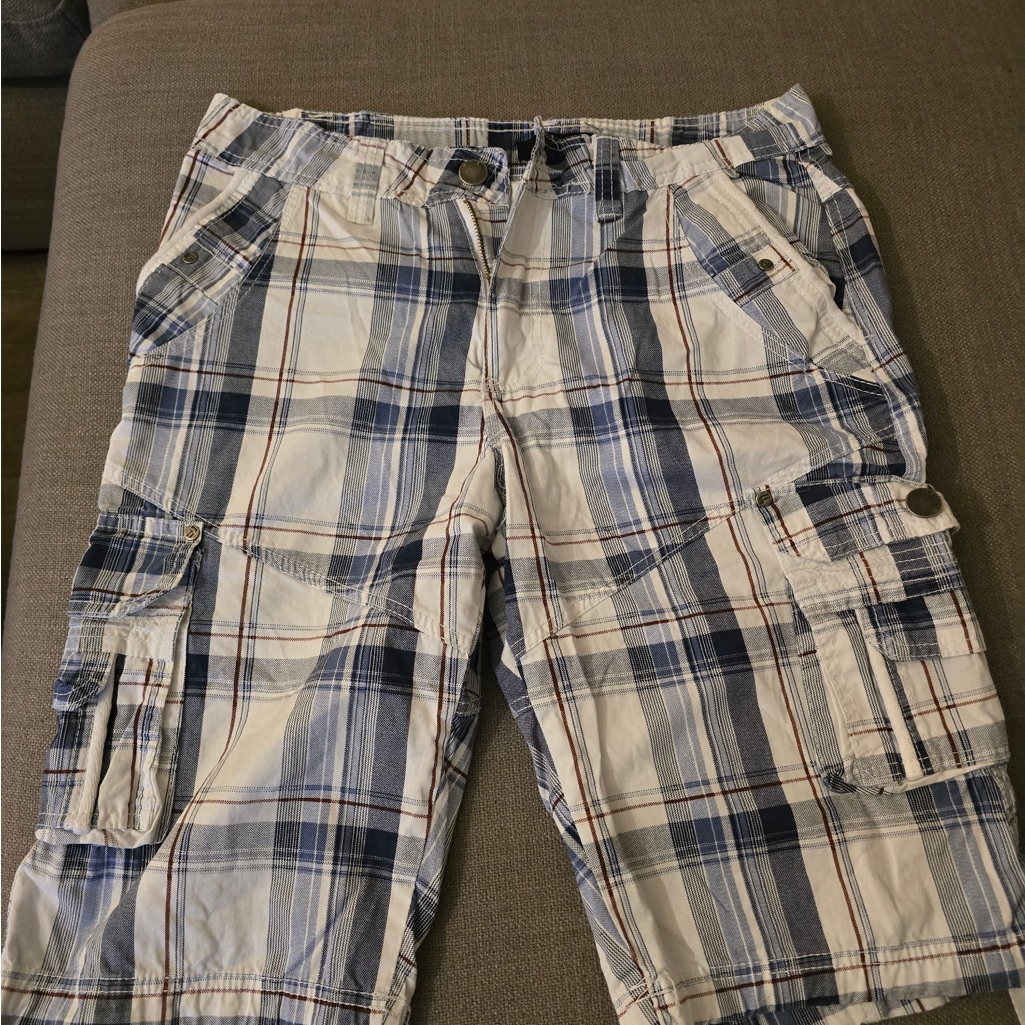 Fred David Blue And White Plaid Cargo Shorts Fred David Blue And White Plaid Cargo Shorts